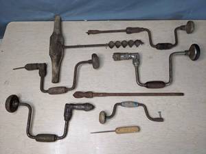 lot 267 image: 8-Piece Lot of Antique Hand Drills and an Ice Pick Q