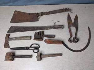 lot 268 image: 9-Piece Lot Antique Tools Cleaver, Scythe, Hatchet, Machete, Steel Chain Detacher, Scissors, Shears and More Q