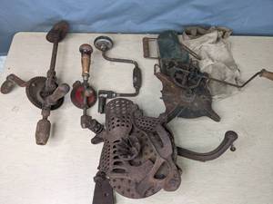 lot 269 image: Collection of Antique Drills, Seed Spreader, Corn Sheller and More Q