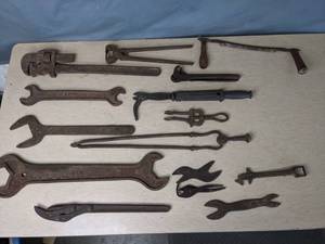lot 270 image: 15-Piece Lot of Antique Wrenches, Curved Bark Scraper, No. 56 Sure Grip Nail Puller, and More Q