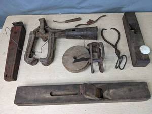 lot 271 image: Group of Antique Wood Planers, ClampLifting Tools, Ice Block TongsCaliper, Farrier Hoof Knife, and More Q