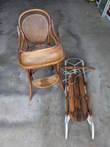 lot 362 image: Vintage Cane Childrens High Chair and Vintage Wood Sled Y