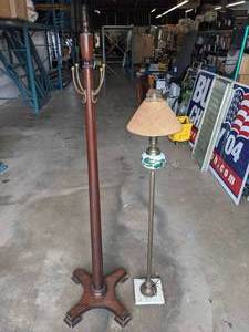 lot 363 image: Unique Vintage Floor Lamp with Hurricane Lamp and Shade, Wood CoatHat Rack Y
