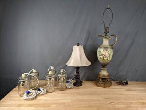 lot 361 image: (6) Assorted Table Lamps - Vintage Ornate Floral Gold Trim Pitcher Lamp, Brushed Bronze, Mason Jar Lights N