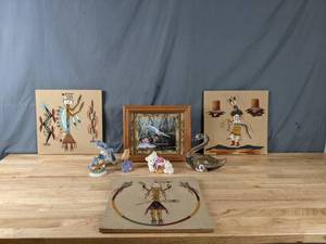 lot 359 image: (3) Navajo Sand Paintings, Small Framed Heron Artwork, Small Crystal Swan, (4) Small Animal Figurines N