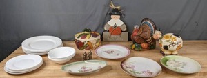 lot 371 image: FallThanksgiving Ceramic Dishware, Variety of Plates & Bowls, Cow Piggy Bank and More N