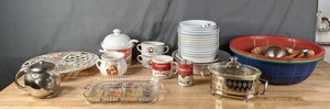 lot 355 image: Assorted Servingware, China, Platters, Ladles, Campbells Soup Items (Bowls, Mugs, and Bank) N