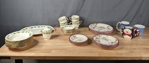 lot 356 image: Vintage Homer Laughlin China Set (Ivy Pattern), Threshold Plates in Assorted Sizes, and (3) Holiday Mugs N