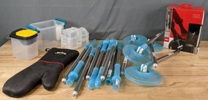 lot 377 image: Mixed Lot Plastic Storage Organizers, Jim Bean Oven Mitt, RCA 900MHz Wireless Headphones, & Spin Mop Attachments N