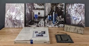 lot 384 image: Artwork 4 Stretched Canvas Photographs, Hanging L Monogram, Floating Wire Wall Collage and Cute Sign N