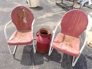 Vintage Outdoor Metal Chairs and Cream Can