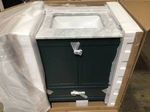Home Decorators Merryfield 31 in. W x 22 in. D x 35 in. H Bathroom Vanity in Antigua Green with Carrara White Marble Top
