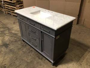 Sonoma 48 in. W x 22 in. D x 34 in H Bath Vanity in Dark Charcoal with White Carrara marble Top damaged customer returns open box