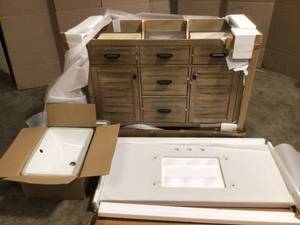Home Decorators Stanhope 49 in. Reclaimed Oak Single Vanity with Crystal White Engineered Stone Vanity Top and Undermount Sink open box in good condition