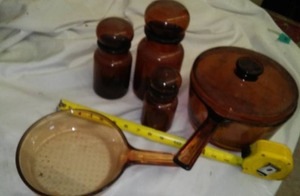 Brown Glass Cookware & Canisters.