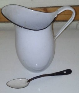 Vintage Enamelware Pitcher  Spoon