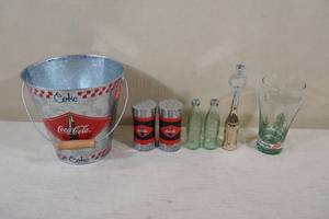 lot 132 image: Coca Cola Metal Bucket with Salt and Pepper Shakers, Bottle Opener