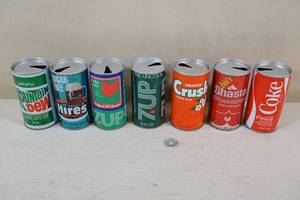 lot 133 image: Vintage Pop Cans - Mountain Dew, 7 Up, Shasta, Crush