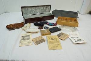 lot 130 image: money drawer, wood box with coin purses, metal box
