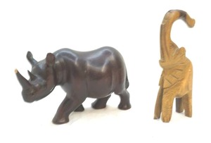 lot 196 image: hand carved teakwood elephant and ironwood rhino