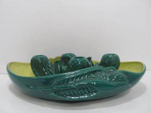 lot 68 image: Large Mid Century RED WING Art Pottery Centerpiece Bowl wMatching Candle Holders