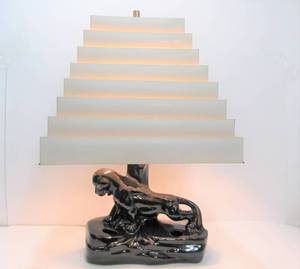 lot 49 image: Awesome Mid Century Ceramic Leopard Lamp wSigned Drop-Down Pyramid Shade