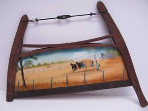 lot 99 image: Antique Primitive Bucksaw wNice Hand Painted Farming Scene
