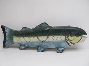 lot 103 image: Large Vintage Hand Carved Painted Wood Folk Art Wood Fish Carving
