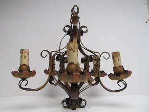 lot 105 image: Antique 1920s era Tole Painted Hanging Chandelier Light Fixture