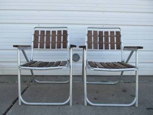 lot 108 image: Pair of Vintage Wood Slat Aluminum Folding Lawn Chairs