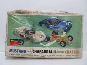 lot 137 image: Vintage Monogram Larger Size Slot Car Set - Mustang 350 GT & Chaparral II (BOX AS IS)