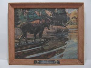 lot 143 image: Vintage Seagrams 7 Advertising Moose Print On Canvas By Bob Kuhn