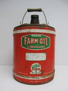 lot 159 image: Vintage FARM-OYL Metal 5 Gallon Motor Oil Can
