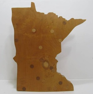 lot 186 image: Large Signed Carved Wood State of Minnesota wInlaid Cities