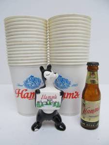 lot 202 image: Lot of Vintage HAMMS Beer Cups Salt Shaker & Bottle