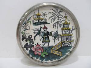 lot 247 image: Signed Antique RORSTRAND Pottery Sweden Silverplated Stand wChinese Scene