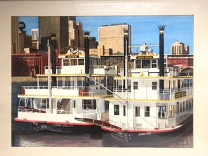 lot 301 image: Wonderful Vintage Signed Original Watercolor Painting by Elmer Klemm - Riverboats