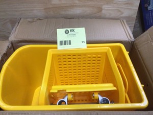 lot 95 image: HOMCOM 5 Gal. Yellow Plastic Steel Janitor Mop Bucket with Down Press Wringer and Wheels Customer return see pictures