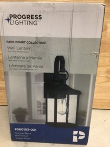 lot 65 image: Progress Lighting Park Court 15 in. 1-Light Textured Black Traditional Outdoor Wall Lantern with Clear Seeded Glass