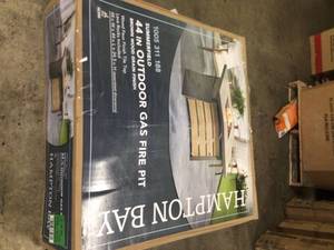 lot 115 image: Hampton Bay Summerfield 44 in. x 24.5 in. Square Steel Propane Fire Pit with Wood-Look Tile Top