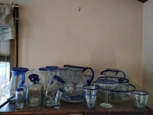 Collection of hand-blown Cobalt blue-rimmed glassware
