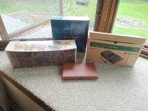 Board games, miniature wicker set, and Hitachi tape recorder
