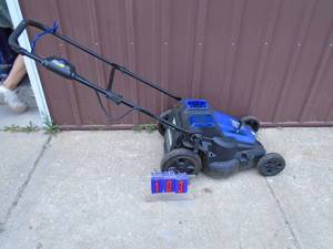 lot 103 image: Kobalt 40 volt lawn mower. Used condition. As shown.