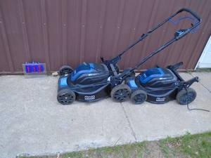 lot 113 image: Qty of 2 Kobalt 80 volt cordless mowers for parts or repair. Untested. No battery or charger. As shown.