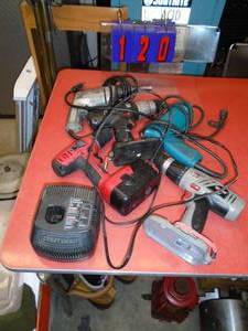lot 120 image: Assorted corded & cordless drills & 19.2 volt chargers. As shown.