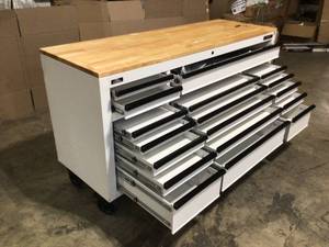 84 in. x W 24 in. D Heavy Duty 22-Drawer Mobile Workbench Tool Chest with Stainless Steel Work Top in Matte Black by Husky Customer Returns See Pictures