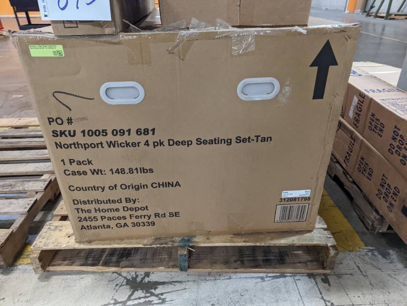 lot 876 image: Northport 4-Piece Wicker Outdoor Patio Deep Seating Set with Tan Cushions and Coffee Table