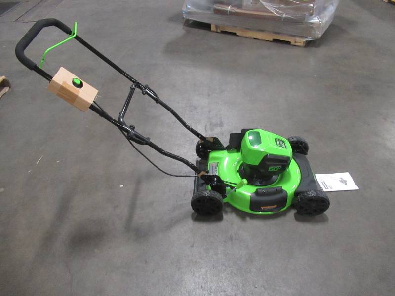 lot 952 image: Greenworks, MO60L08 19 in. 60-Volt Battery Cordless 2-in-1 Lawn Mower (Tool-Only) Does not include Battery and Charger - NEW, RUNS GREAT