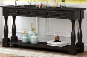 lot 216 image: Harper & Bright Designs 65 in. Black Standard Rectangle Wood Console Table with Drawers, WF193795AAB.