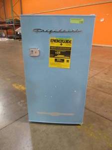lot 207 image: Frigidaire EFR376-BLUE 3.2 Cu Ft Blue Retro Bar Fridge with Side Bottle Opener - Scratch and Dent, Works Well.